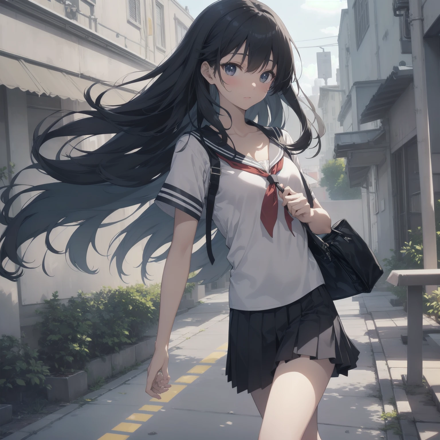 ultra-absurdres-Top quality by artist God, ultra-detailed, high resolution, anime moe artstyle, best anime 8k konachan wallpaper, pixiv contest winner, pool:2810, perfect anatomy,break, 1girl, (Please draw a girl walking sleepily to school alone. )break,(Solo,little female,15yo:1.3),Full limbs, ,a junior high school student, (very short hair), short cut, flat chest, , small butt, small black eyes, beautiful detailed eyes, well-proportioned iris and pupils, expressive eyes, highres detailed hair, soft expression, salor school_uniform, sailor collar, serahuku, bow, pleated skirt,(Detailed Lighting), (Detailed background), in the School commute route. break,super detailed skin, Best cinematic lighting powered by famous artist, 8k,beauty illustration,photoshop_(medium),very aesthetic,break,((artist:takeuchi_takashi )), artist:clamp ,artist:carnelian ,artist:kantoku ,