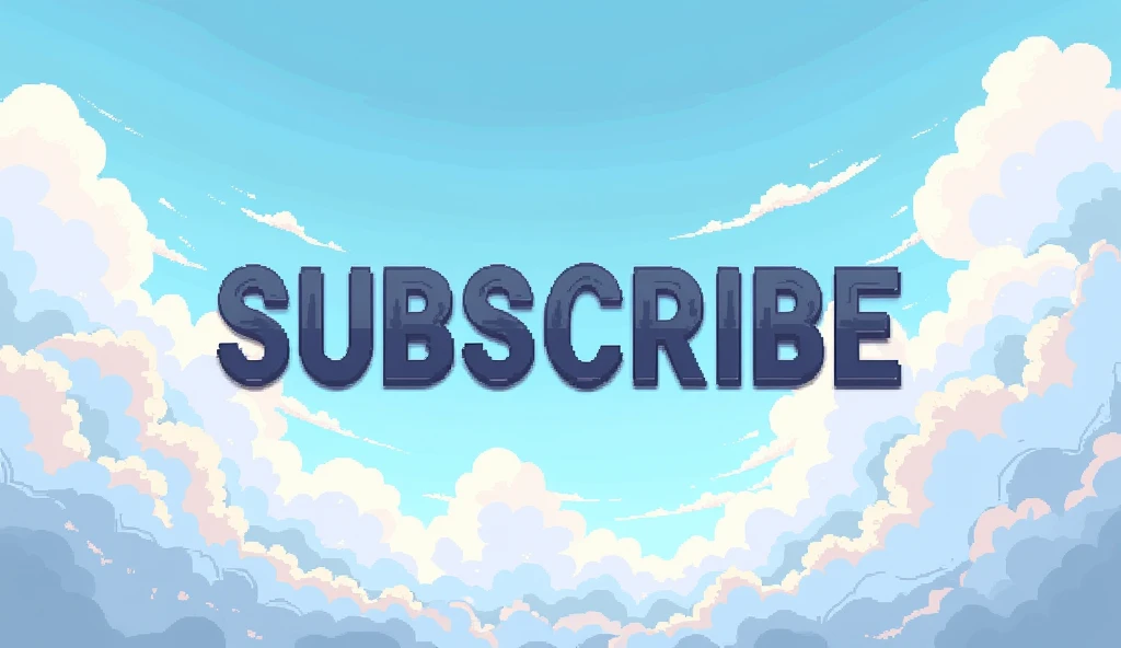 Pixel art for a youtube banner written capital subscribe with stylish font and with a sky background with clouds