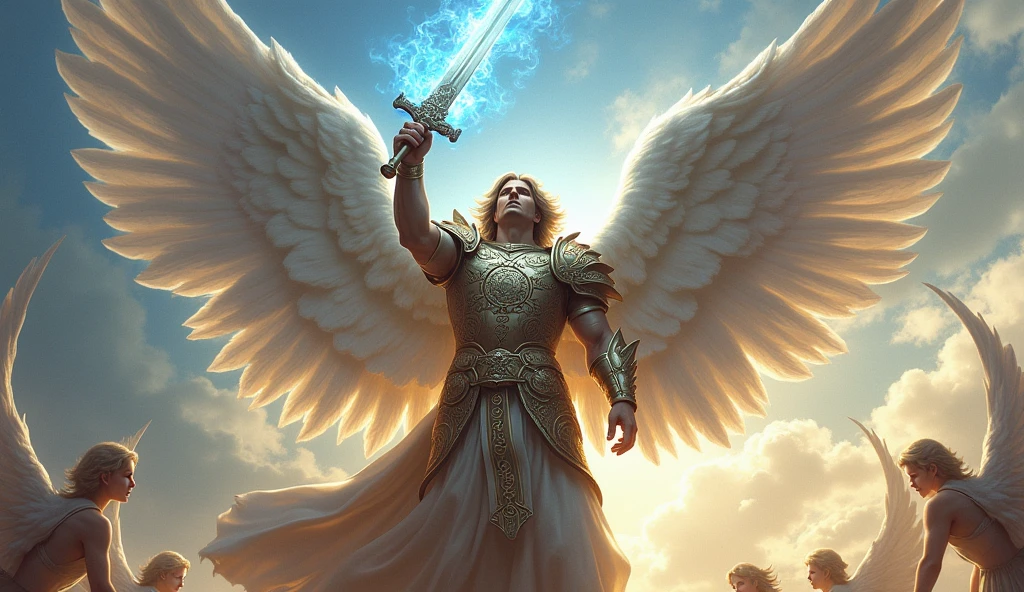 "A view of Archangel Michael in an epic battle pose, his huge, shiny wings spread out behind him. His celestial armor is adorned with ancient runes and sacred symbols., and his blue-flame sword is raised above his head, about to deliver a powerful blow. The sky in the background is filled with divine light, with lesser angels watching the battle, convey depth