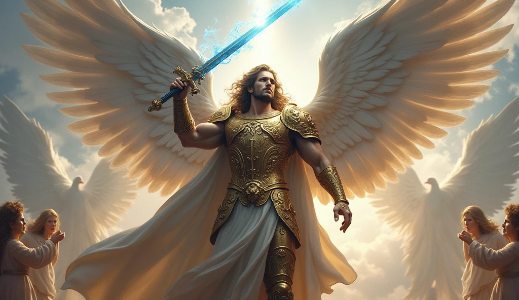 "A view of Archangel Michael in an epic battle pose, his huge, shiny wings spread out behind him. His celestial armor is adorned with ancient runes and sacred symbols., and his blue-flame sword is raised above his head, about to deliver a powerful blow. The sky in the background is filled with divine light, with lesser angels watching the battle, convey depth