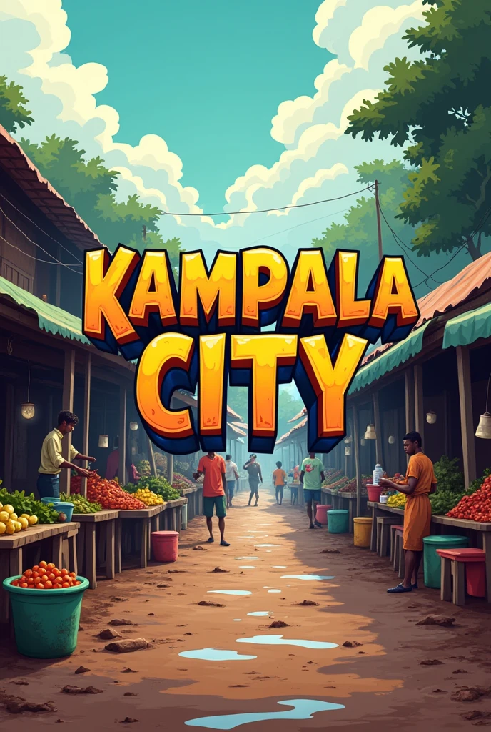 a big colourful, bold, animated illustrative logo font of the phrase  "Kampala City" with a faded background cinematic images of a very muddy street food market of Kampala City