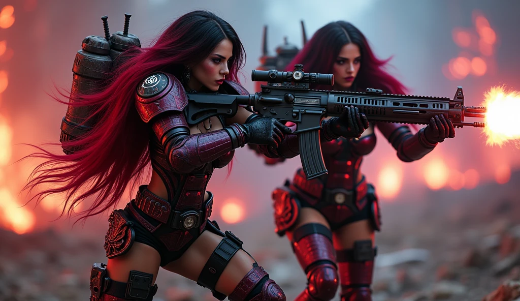 Full body pose sexy sisters of battle from the warhammer 40k, shooting at the enemy, red space marine armor with intricate details, black space marine armor with intricate details, symbols on the armor, sisters of battle, warhammer 40k, Massive exposed silicone breast, pale skin, seductive, temptation, eat your soul, clevage, long red flowing hair, long black flowing hair with purple highlights, heavy gothic makeup, at night, neon, beautiful detailed eyes, beautiful detailed lips, extremely detailed eyes and face, long eyelashes, highly detailed armor, intricate futuristic weaponry, dramatic lighting, cinematic composition, muted color palette, gritty and realistic, mecha, science fiction, hyper-detailed, photorealistic, award winning digital art, 8k, HDR, masters work, in the middle of a battle field, full body combat action pose, explosions and fire around, full war, stunning, Stilleto heels, high heels, full body pose, cinematic, movie trailer, final stand!, nemesis, ready to strike, dust and debree, combat screams, attacking, shooting at the enemy, running forward, last line of defense, charging, fanatic, religious, templar knights, sisters of battle, warhammer 40k, shooting at the enemy, bimbo gigantic exposed breast, jetpacks, space marine, stilleto heels, cinematic light, cameltoe pussy, beautiful pussy, wet pussy, wet body, oiled body, gigantic breast, dynamic super sexy combat action pose