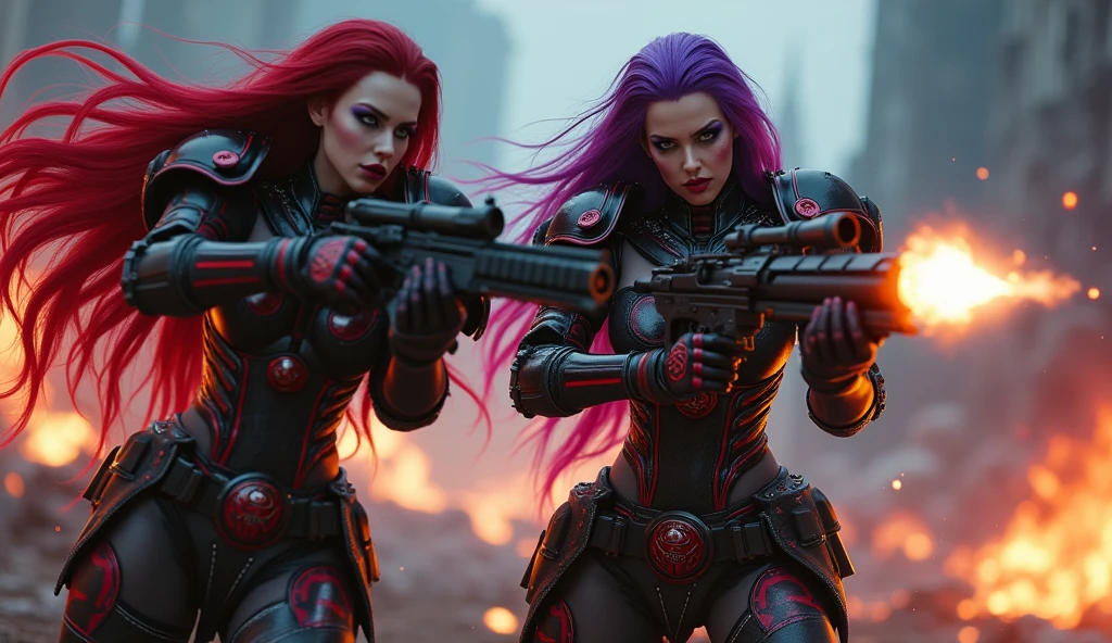 Full body pose sexy sisters of battle from the warhammer 40k, shooting at the enemy, red space marine armor with intricate details, black space marine armor with intricate details, symbols on the armor, sisters of battle, warhammer 40k, Massive exposed silicone breast, pale skin, seductive, temptation, eat your soul, clevage, long red flowing hair, long black flowing hair with purple highlights, heavy gothic makeup, at night, neon, beautiful detailed eyes, beautiful detailed lips, extremely detailed eyes and face, long eyelashes, highly detailed armor, intricate futuristic weaponry, dramatic lighting, cinematic composition, muted color palette, gritty and realistic, mecha, science fiction, hyper-detailed, photorealistic, award winning digital art, 8k, HDR, masters work, in the middle of a battle field, full body combat action pose, explosions and fire around, full war, stunning, Stilleto heels, high heels, full body pose, cinematic, movie trailer, final stand!, nemesis, ready to strike, dust and debree, combat screams, attacking, shooting at the enemy, running forward, last line of defense, charging, fanatic, religious, templar knights, sisters of battle, warhammer 40k, shooting at the enemy, bimbo gigantic exposed breast, jetpacks, space marine, stilleto heels, cinematic light, cameltoe pussy, beautiful pussy, wet pussy, wet body, oiled body, gigantic breast, dynamic super sexy combat action pose