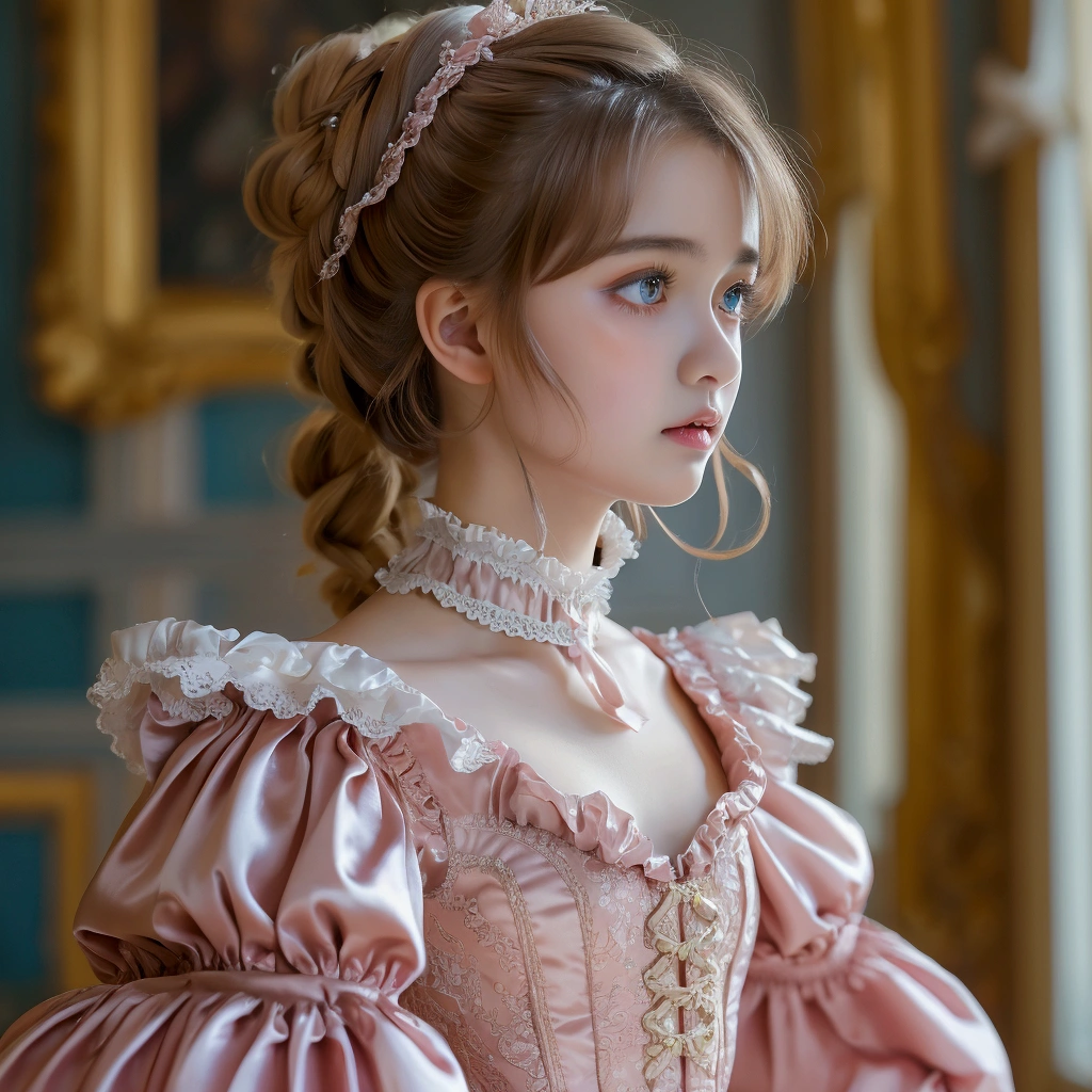 ,Highest quality, masterpiece, Highest Resolution, artwork, super それにGet used to it, many Get used to it, Get used to it, それにGet used to it, 3K realistic photo,,,((Young short girl 1.6)),Very detailed young face,Long Hair,The girl is a princess,(((Full-length ball gown dress with hoop skirt))),Frilled yoke collar,Puff sleeves,Lace-up ribbon on chest,Detailed braided corset,,Long sleeve,((Victorian pink Detailed Princess Satin Dress、Lots of frills and ribbons。)),Rococo style,lolitafation,(((Detailed braided chest 1.6)),Glossy silk satin dress,Soft and smooth fabric,luxury,Long Wavy Hair,Inside a Medieval European Palace,The whole body is reflected,