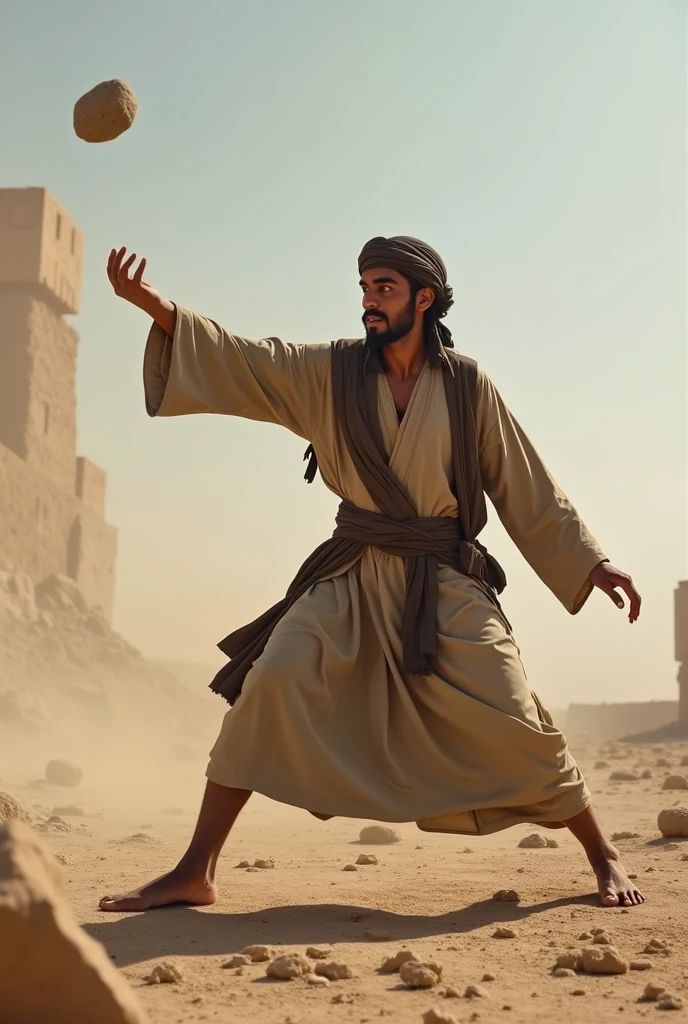 A young man in muslim getup throwing stone