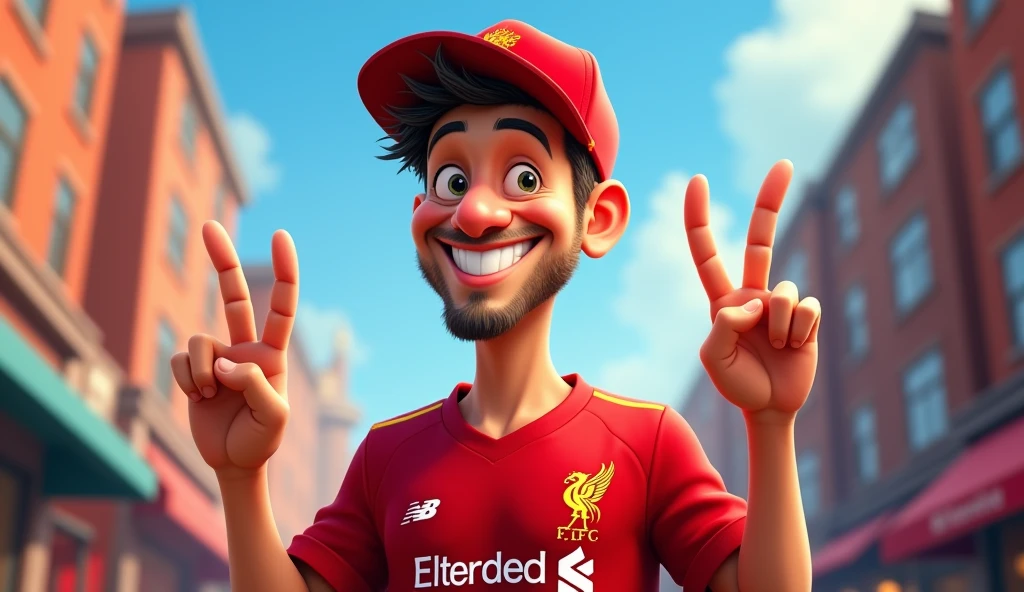 A man with short hair, cheerful, Disney style, holding up two fingers on one hand and wearing a Liverpool cap. Wearing a Liverpool football shirt standing in cartoon style illustration Detailed and colorful High quality, realistic photography dynamic poses color