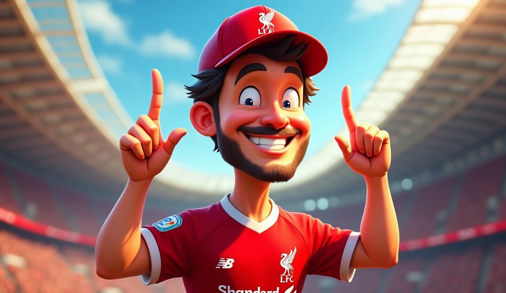 A man with short hair, cheerful, Disney style, holding up two fingers on one hand and wearing a Liverpool cap. Wearing a Liverpool football shirt standing in cartoon style illustration Detailed and colorful High quality, realistic photography dynamic poses color