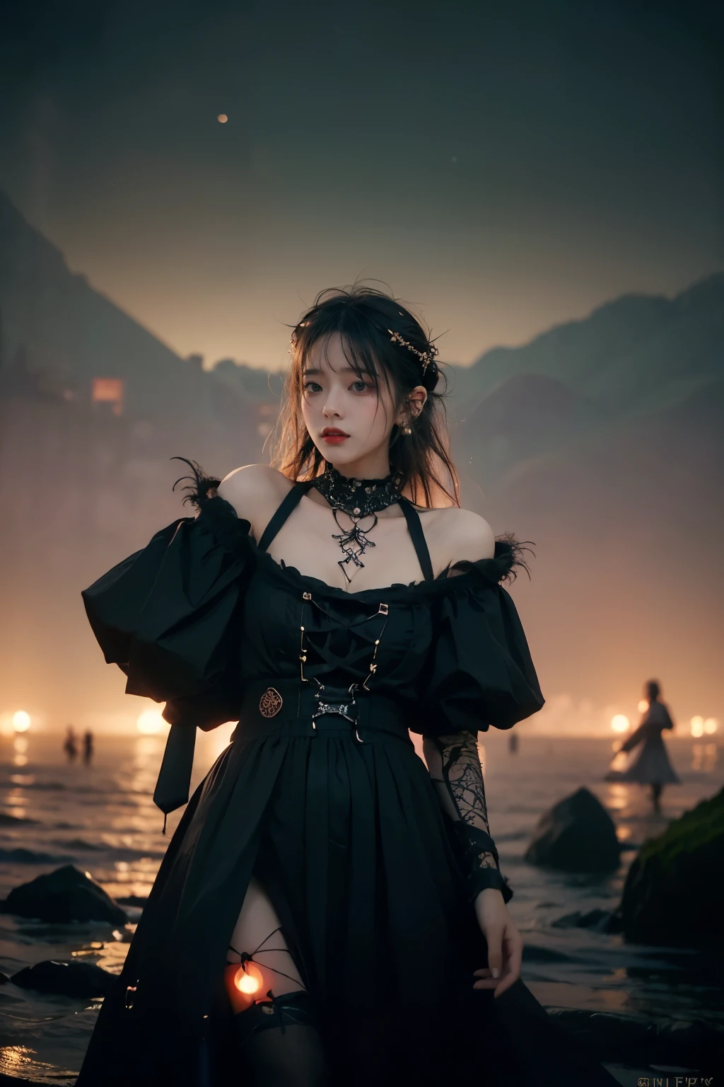 artistically refined, true-to-life visuals, breathtaking aesthetics, diffused natural skin glow, Girl , 24-years-old, slender, floating Medium Hair, bangs, (Gothic_punk dress:1.2), masterpiece, best quality, RAW Photos, candytt, zwd, (Midsummer Night's Dream:1.4)