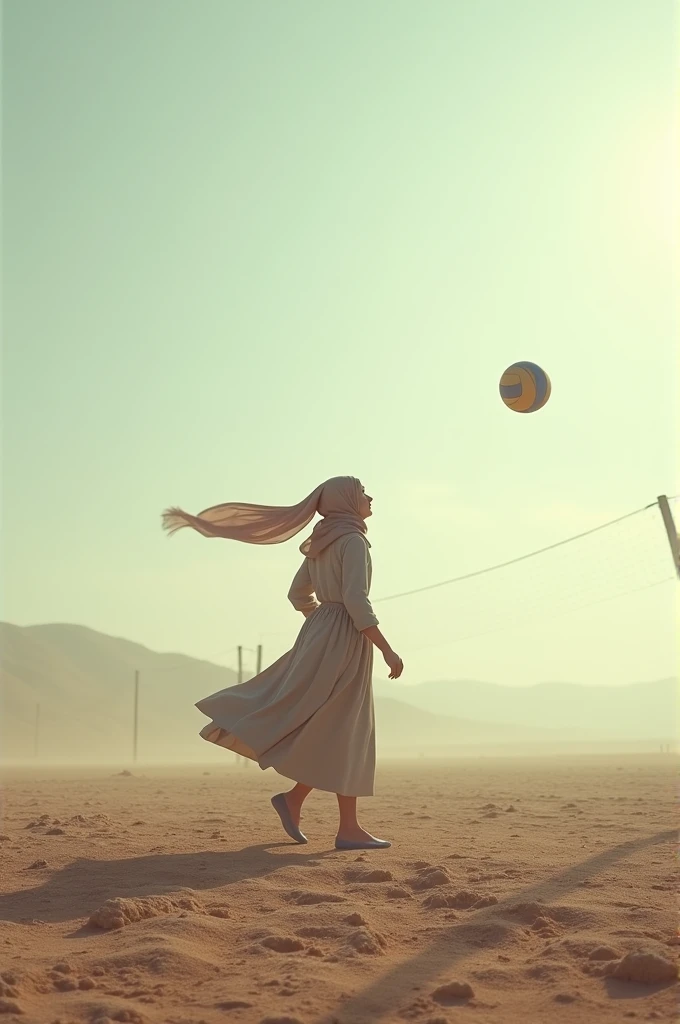 A woman wearing a hijab plays volleyball on a barren and barren field alone but lonely