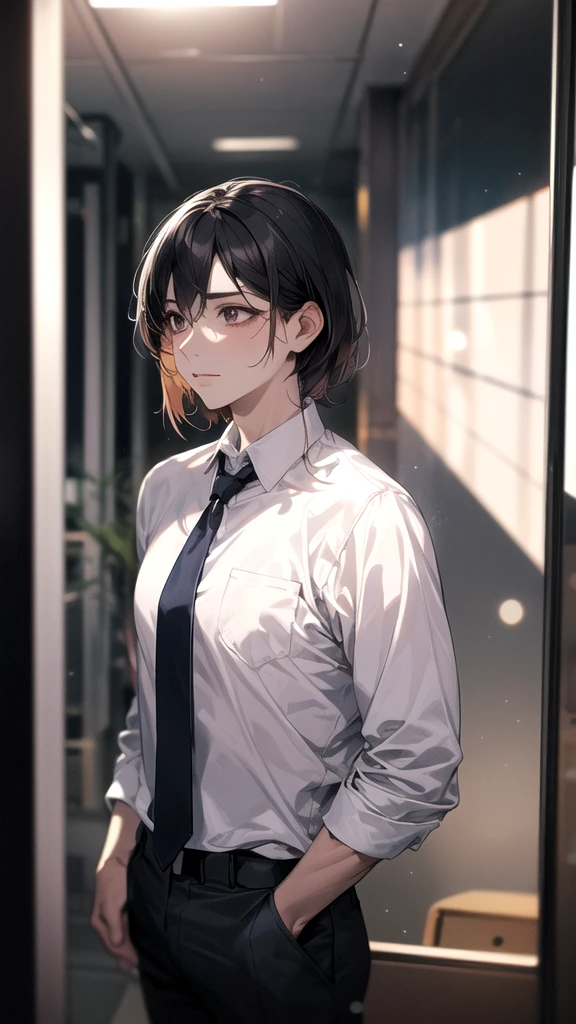 One person, Face Focus, Adult, uniform, Jacket, White shirt, tie, pants, Highest quality, employment, Detailed face, office, Building seen from the window, Detailed Background, Diffused sunlight, Depth of written boundary, Bokeh