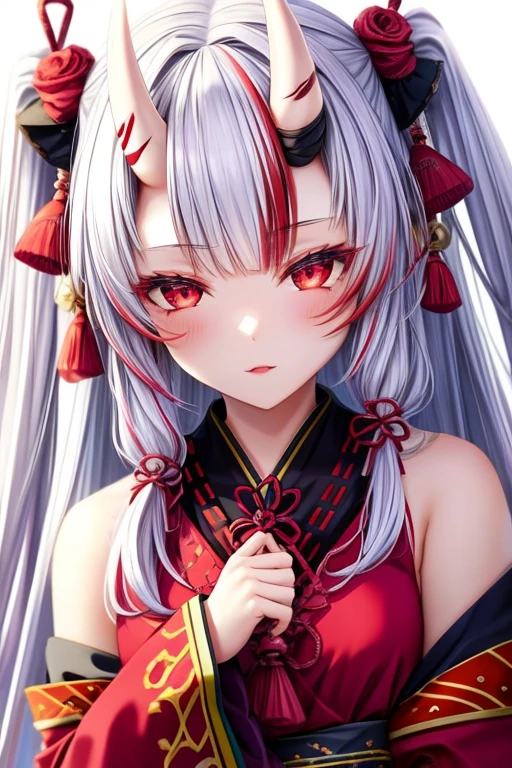 best quality, intricate details, 1girl, nakiri ayame, oni horns, multicolor hair, long hair, red eyes, white hair,