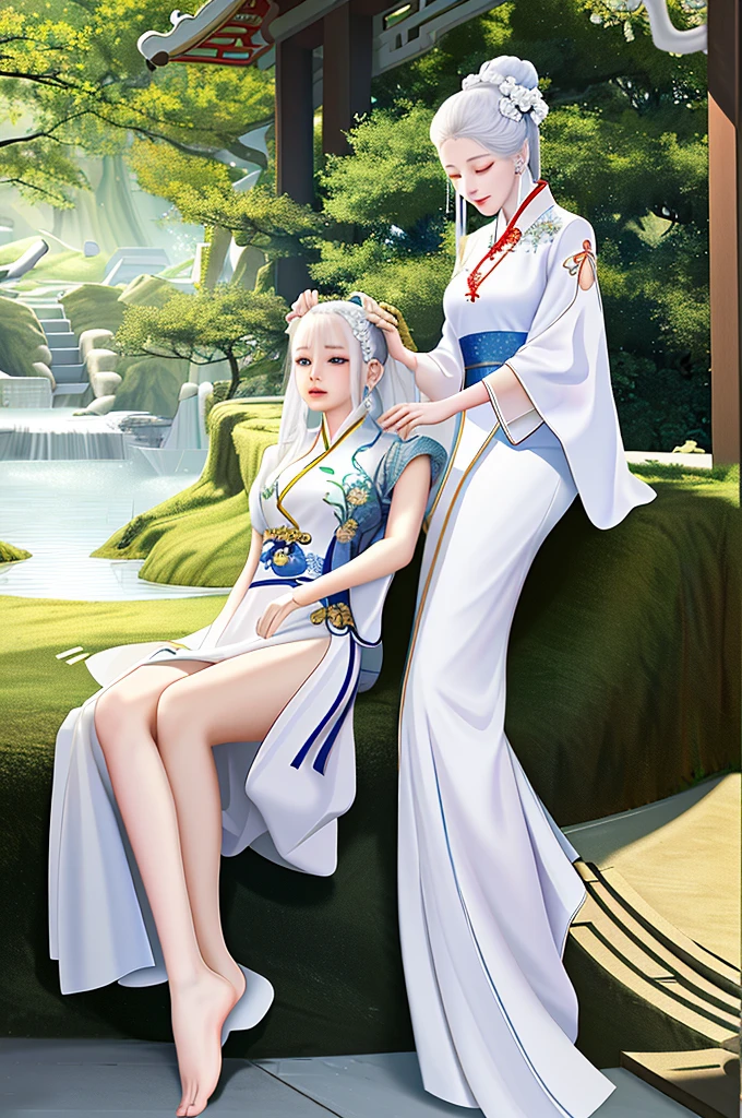 A woman in a white dress is sitting on the floor，White Hanfu，palace，Girl wearing Hanfu，Hanfu，Dressed in ancient Chinese costumes，Gurwitz，Ethereal Beauty，Guttweiz-style artwork，Beautiful fantasy queen，Chinese traditional clothing，Chinese clothing，Chinese traditional，Light milky white porcelain skin，Ordinary girl barefoot，Beauty