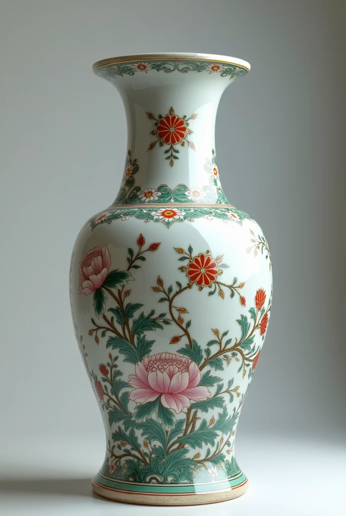 a highly detailed antique chinese vase, intricate floral patterns, elegant curves, ornate decorations, rich colors, traditional chinese art, porcelain material, masterpiece, best quality, 8k, hyperrealistic, photorealistic, extremely detailed, studio lighting, vivid colors, professional