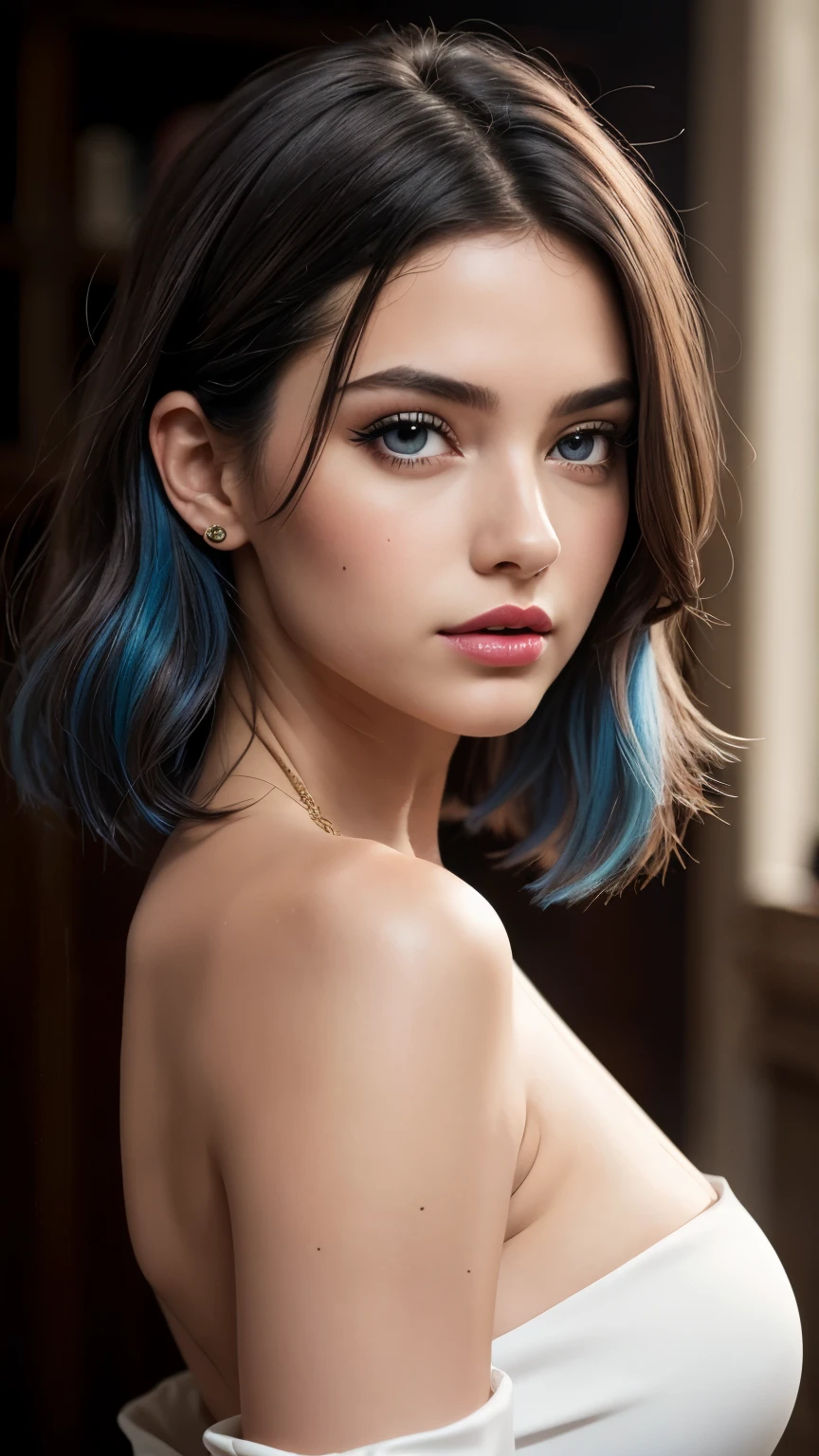 chica NSFW cabello azul oscuro corto, long eyelashes, (((calidad 8k, 8mm)))