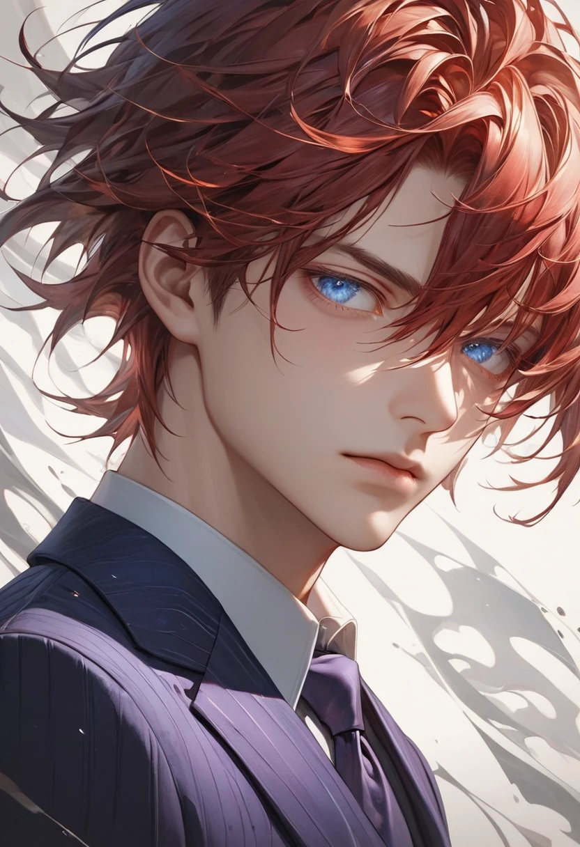 The image is a highly detailed, ultrarealistic anime-style portrait of a young man with an intense and enigmatic appearance. He has shoulder-length, layered, and textured red hair that frames his face with an almost windswept look. His striking blue eyes are sharp and captivating, adding to his mysterious aura. He is dressed in a sophisticated suit that features subtle yet elegant detailing, now rendered in a rich tone of purple with gentle hues and shadows that enhance the depth of the fabric. The suit is complemented by a neutral-colored tie that blends seamlessly with the overall ensemble.
The background is dark, providing a stark contrast that draws attention to the young man and accentuates the dramatic lighting, which carefully illuminates the contours of his face and attire. The overall composition combines the meticulous detail typical of ultrarealism with the stylistic flair of anime, resulting in a captivating and visually striking portrait.