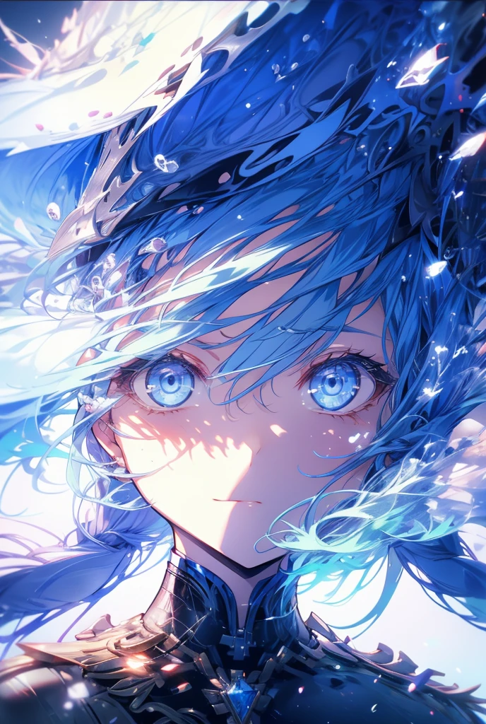 One girl, High-resolution model, Blue Hair,Wind,Light,blue eyes,