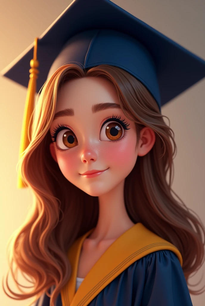 GENERATES A FEMALE PIXAR GRADUATE WITH LIGHT BROWN HAIR THAT LOOKS CLOSER WITH HER HAIR DOWN AND DARK BLUE DEGREE CAP.