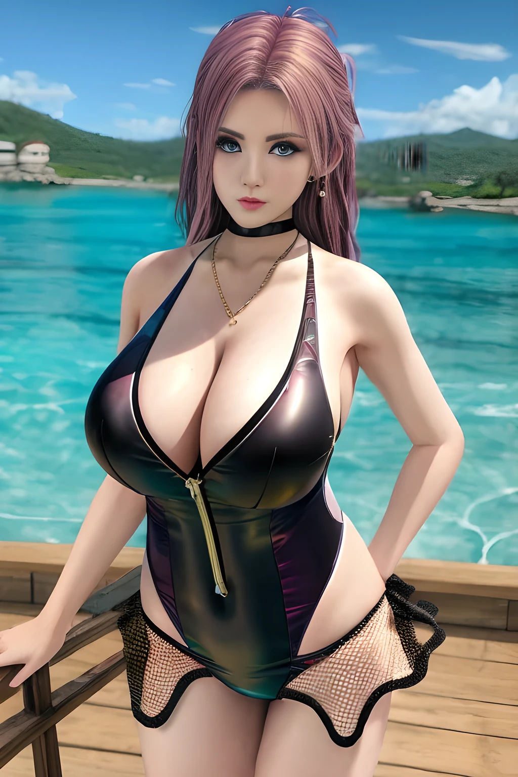 1girl ,BREAK ( fashionable Fishingnet swimsuit:1.3), the upper part of her swimsuit is white with black edges and designed into a cross-V-neck style. The lower part is black, showing a pleated design and the skirt is slightly flared. The overall style looks sexy and fashionable. ,, huge breasts,mature women, (masterpiece), best quality,elise