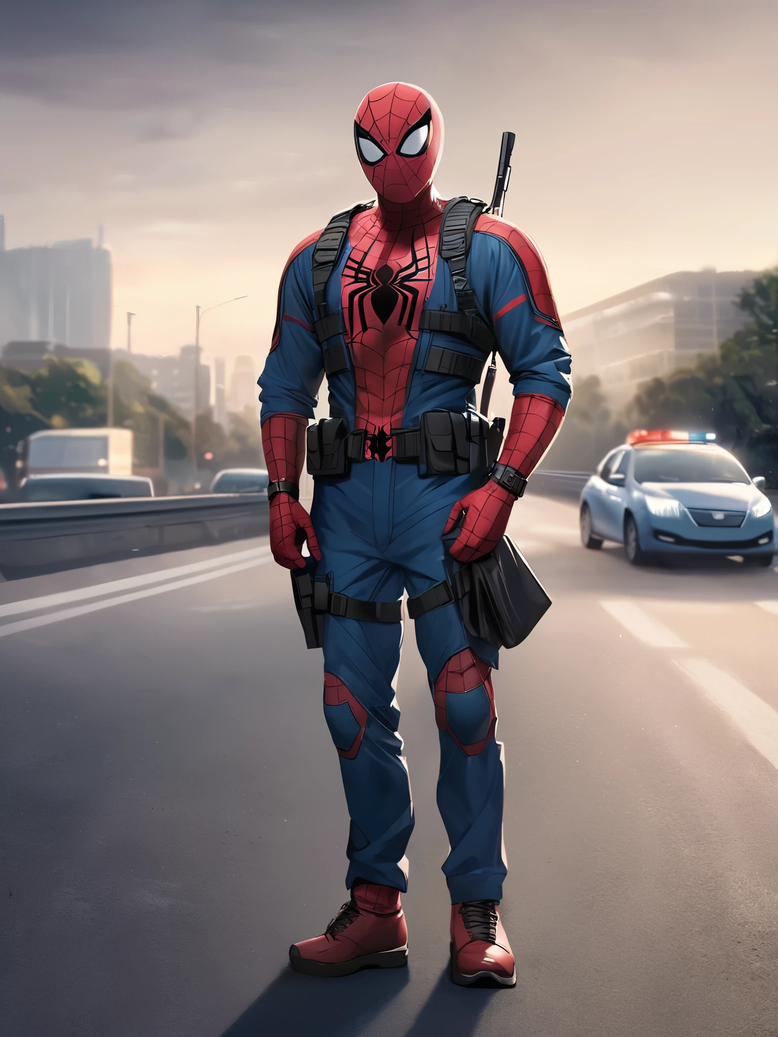 Create a humorous image of a real-life police officer standing next to Spider-Man, who is handcuffed and in custody. The police officer should be dressed in full tactical gear, including a helmet, black uniform, and holding a modern automatic rifle. Spider-Man should be wearing his classic red and blue suit with web patterns, standing with his hands cuffed in front of him. The background should be a realistic highway or road scene in daylight, with a few cars visible in the distance. The overall mood should be funny and surreal, blending the real and fictional worlds.