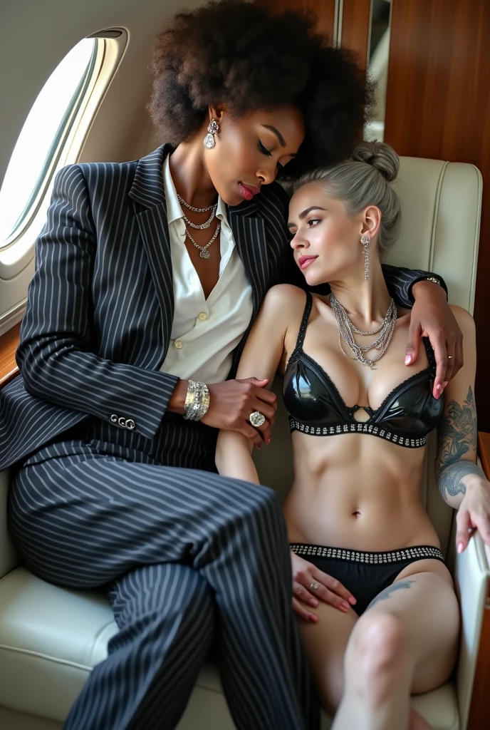 Two russian old milf women: the dominant aggressive dark skinned black woman in white silk blouse, business pinstripe suit jacket and pinstripe trousers,  long nails and afro hair, sitting on a sear of a private jet with possessive stance (arms around her girlfriends' shoulders squishing her tightly, groping the body of the white woman with her other hand). Next to her, spooning, her white rich girlfriend leaning over her (very pale: pale face, pale neck, pale chest, pale arms, pale hands, pale stomach, pale leg), the white woman looks scared because she's afraid of flying, white woman stretches her neck and looks st the camera, submissive and scared look in her eyes, white woman in laid back posture spreading her leg with hands on her crotch. White woman wears Black shiny studded leather thong, grey hair (, top bun). Big lips. Black studded leather push up bra, silicone breasts. Barefoot. White woman wears a lot of necklaces and pendants around her neck, and a lot of silver bracelets. Loose chains and thin studded belts around the hips of the white woman. White woman is lazy, leaning back and hips forward, and arching her back.. The white woman is densely tattooed on neck,  eagle tattoo on chest, tattoos on arms, snake tattoo on stomach, tattoos on legs. White woman has well Toned abdominals, thin neck, slim legs and thin arms. Narrow hips. Inside a private jet Good illumination 