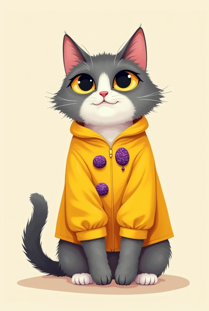 A cat with a yellow shirt with purple kuchotop beads