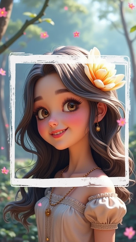 beautiful detailed girl, cartoon, disney pixar style, 3D render, highly detailed, vibrant colors, soft lighting, photorealistic, dreamlike, adorable, adorable expression, cute smile, sparkling eyes, lush forest background, magical atmosphere