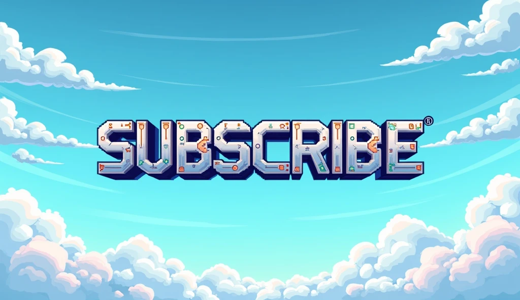 Pixel art for a youtube banner written capital subscribe with stylish roboti font and with a sky background with clouds