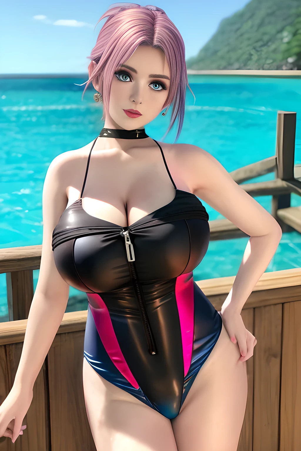 1girl ,BREAK  ( fashionable Fishingnet swimsuit:1.3), the upper part of her swimsuit is white with black edges and designed into a cross-V-neck style. The lower part is black, showing a pleated design and the skirt is slightly flared. The overall style looks sexy and fashionable. ,, huge breasts,mature women, (masterpiece), best quality,elise