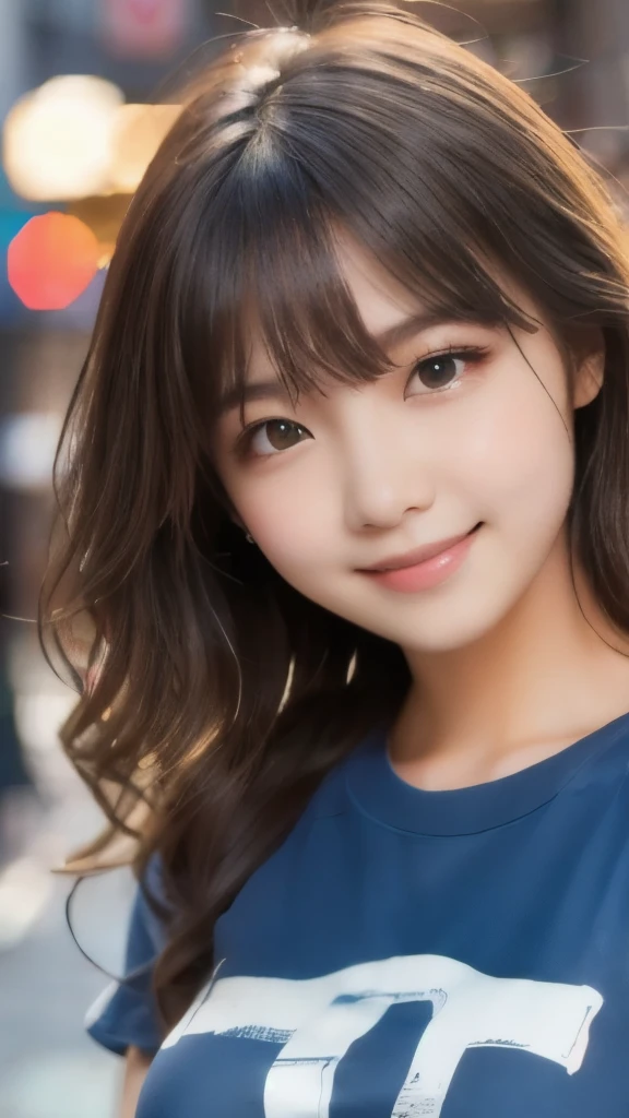8k,Highest quality,(masterpiece:1.2),(Realistic),(Realistic:1.37),Ultra-high resolution,1 female college student,Long Wavy Hair,smile,Beautiful Eyes,Beautiful teeth alignment, In town,(((T-Shirts))),Big Breasts,Perfect body,Perfect Fingers,Professional Lighting,gravure,Detailed face and skin texture,fine grain,RAW Photos