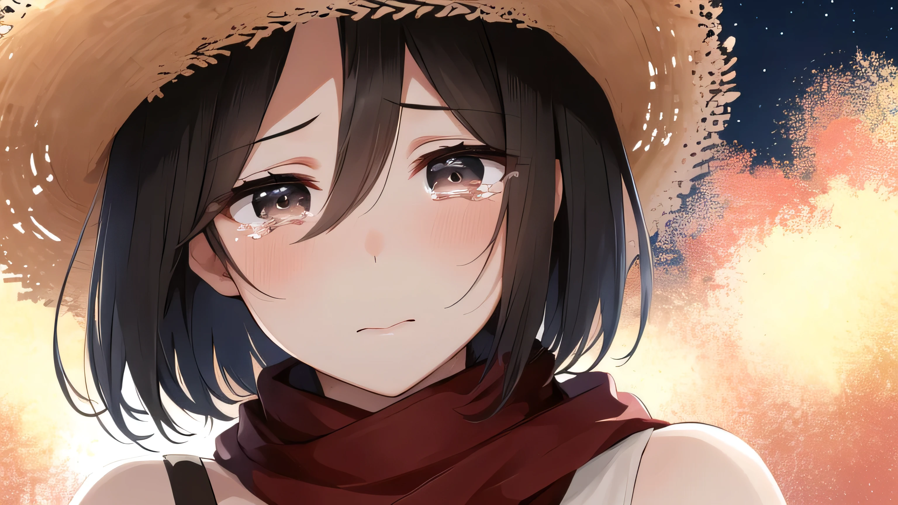 masterpiece, best quality, highres, hmmikasa, short hair, black eyes, scarf, white night dress, no blush, close up face, soft expression, wearing straw hat, tears flowing down her cheeks, night sky, looking down at the camera