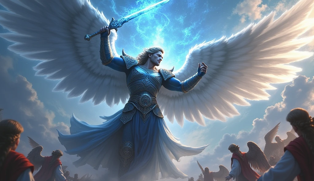 "A view of Archangel Michael in an epic battle pose, his huge, shiny wings spread out behind him. His celestial blue armor is adorned with ancient runes and sacred symbols., and his blue-flame sword is raised above his head, about to deliver a powerful blow. The sky in the background is filled with divine light, with lesser angels watching the battle, convey depth