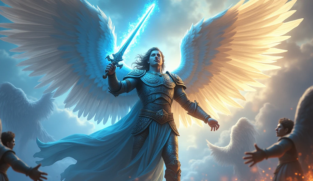 "A view of Archangel Michael in an epic battle pose, his huge, shiny wings spread out behind him. His celestial blue armor is adorned with ancient runes and sacred symbols., and his blue-flame sword is raised above his head, about to deliver a powerful blow. The sky in the background is filled with divine light, with lesser angels watching the battle, convey depth