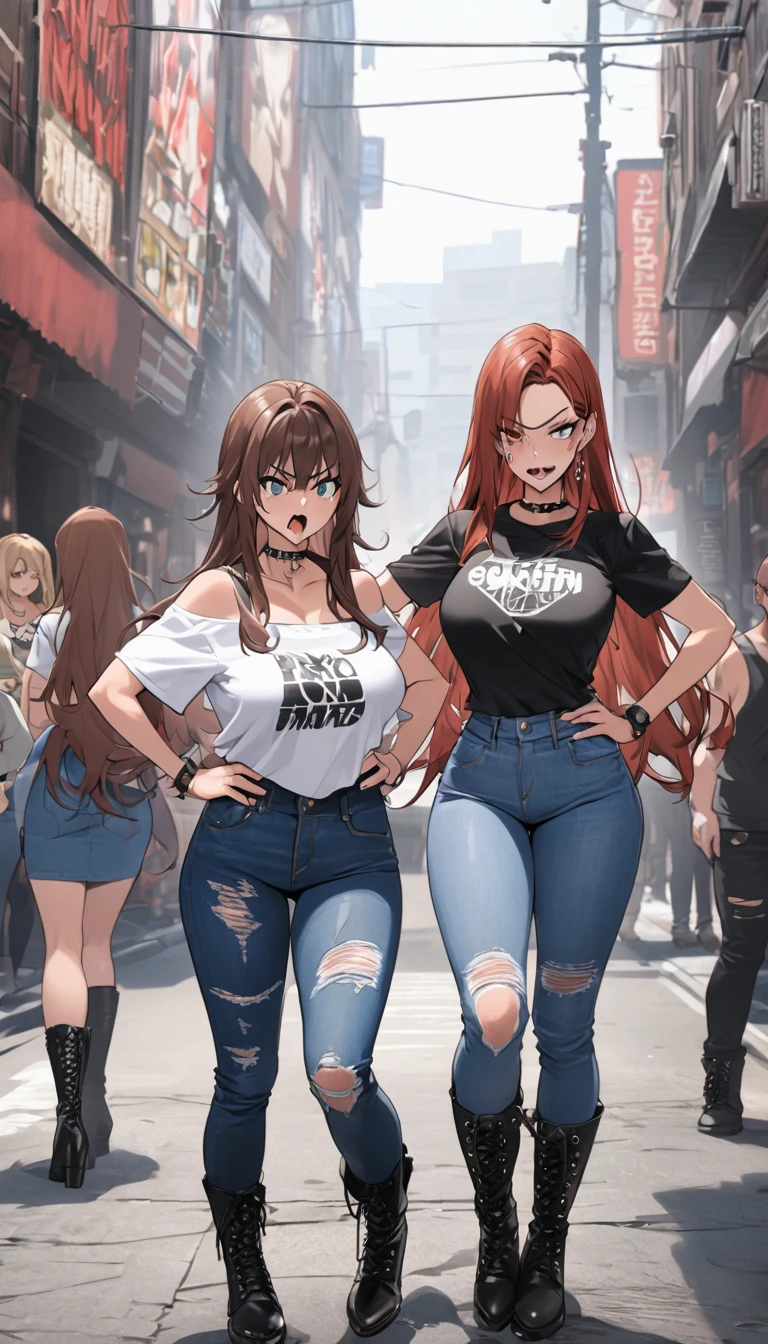 Ultra-high definition image quality、beautiful girl、Yankee girl、Reddish brown hair、Messy long hair、Gal、bustling street、Off-the-shoulder T-shirt、Distressed denim、Tight low rise denim、Highest quality, Big Ass、Thighs、Big Boobs、High cut boots、Glare、Place hands on hips、intimidating face、Hold a cigarette in your mouth、Smoke from cigarettes、Punk Fashion、Cross your legs