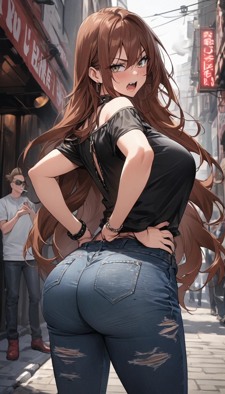 Ultra-high definition image quality、beautiful girl、Yankee girl、Reddish brown hair、Messy long hair、Gal、bustling street、Off-the-shoulder T-shirt、Distressed denim、Tight low rise denim、Highest quality, Big Ass、Thighs、Big Boobs、High cut boots、Glare、Place hands on hips、intimidating face、Hold a cigarette in your mouth、Smoke from cigarettes、Punk Fashion、Cross your legs
