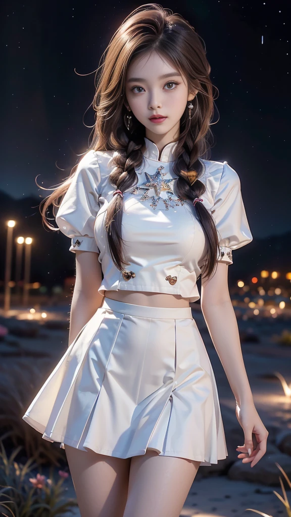 ulzzang-6500-v1.1, (RAW photo: 1.2), (Real photo), (Real photo: 1.4), 1 girl、Perfect anatomy、1、Looking at the camera、Medium length hair、side braids, uniform white skirt, in a surreal royal garden, under the starry night sky, ((starry night: 1.1))、(Business service)、Asian eyes Ella,