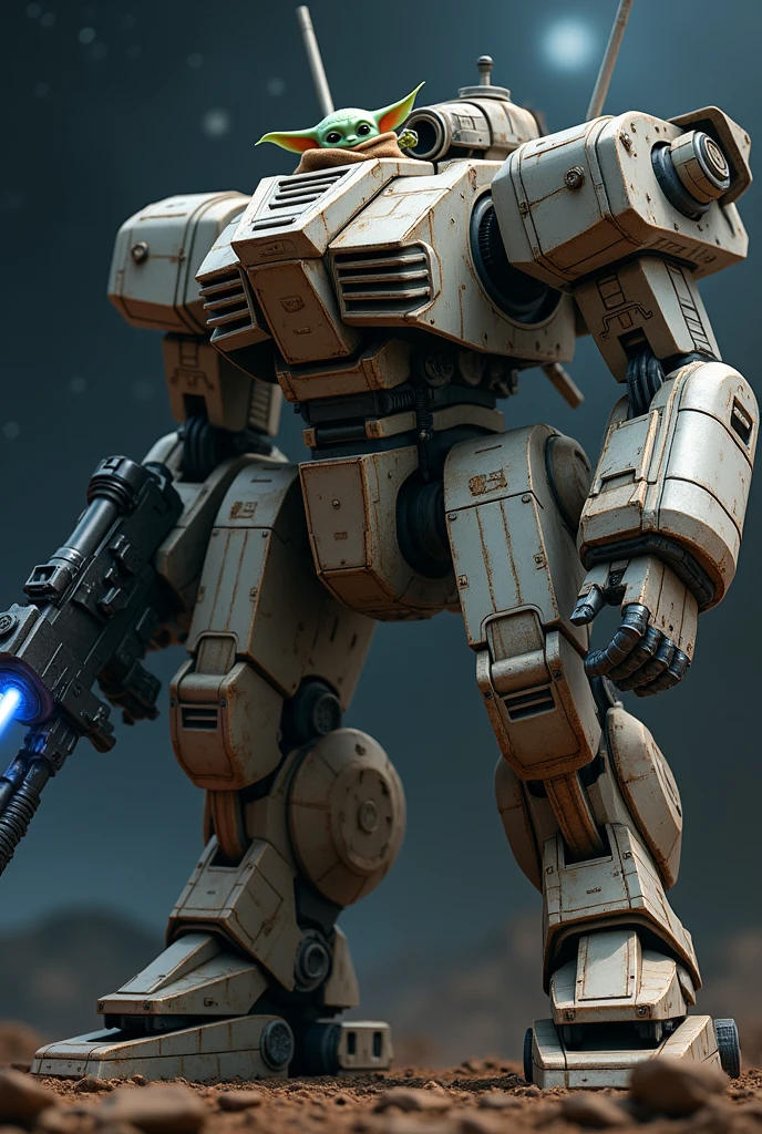 ((best quality)), ((masterpiece)), ((realistic)), 1baby Yoda, steering a giant mecha, mech is gigantic, cute yoda ,large,eyes, high-resolution, the mecha is equipped with a blue energy-saber in the right hand, assault rifle in the left hand, the mecha has a rocket launcher on the shoulder, background is in outer space