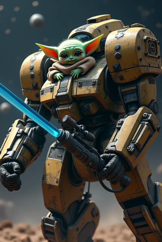 ((best quality)), ((masterpiece)), ((realistic)), 1baby Yoda, steering a giant mecha, mech is gigantic, cute yoda ,large,eyes, high-resolution, the mecha is equipped with a blue energy-saber in the right hand, assault rifle in the left hand, the mecha has a rocket launcher on the shoulder, background is in outer space
