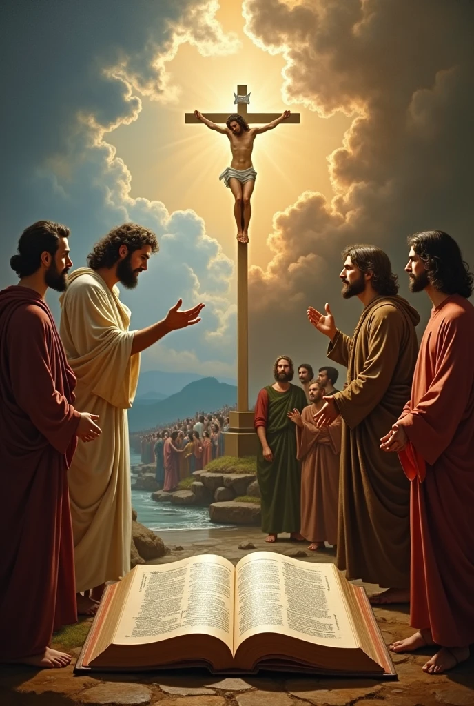 The painting is divided into two parts, with an open Bible in the center. to the left, the Old Testament is represented by Moses receiving the Tablets of the Law on Mount Sinai. The scene highlights Moses in a reverent posture, with the boards carved in detail and surrounded by clouds and rays that give a sacred tone to the event. On the right, the New Testament shows the crucifixion of Christ on Calvary, capturing pain and sacrifice with realism, while figures of apostles and the crowd in the background 