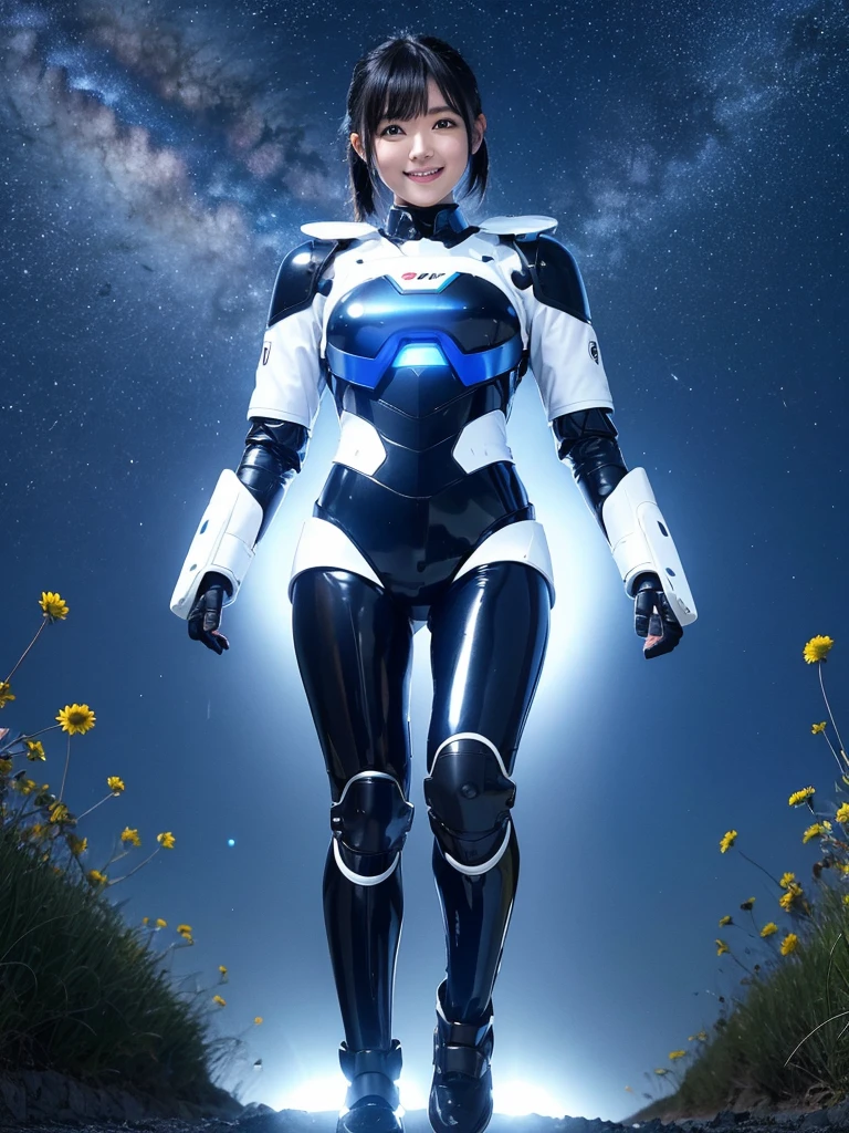 Japanese female android,Black Hair,White and blue robot suit,Plump,Walking through a cosmos field,smile,
