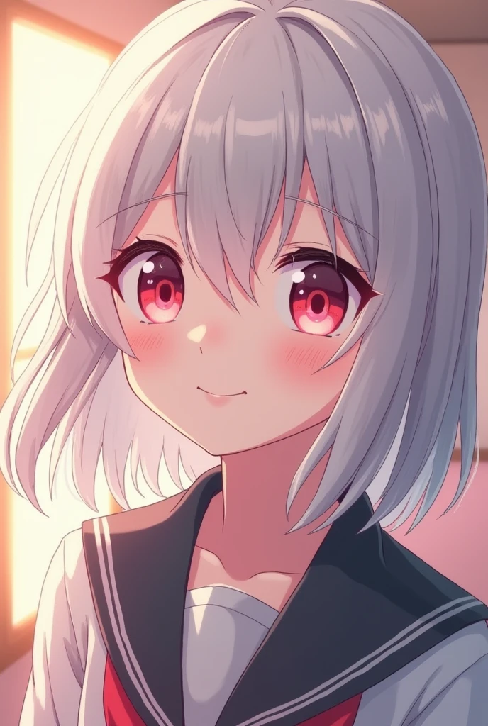 High resolution, Highest quality, Grey Hair, Silver Hair, Medium Hair, Hair that falls over the shoulders, Close your mouth, Pink eyes, smiling, Bright Eyes, Tsundere, Background blur, anime, anime風, Illustration, Ghibli-style colors, 日本のIllustrationスタイル, Parker in gentle colors, Soft Light,