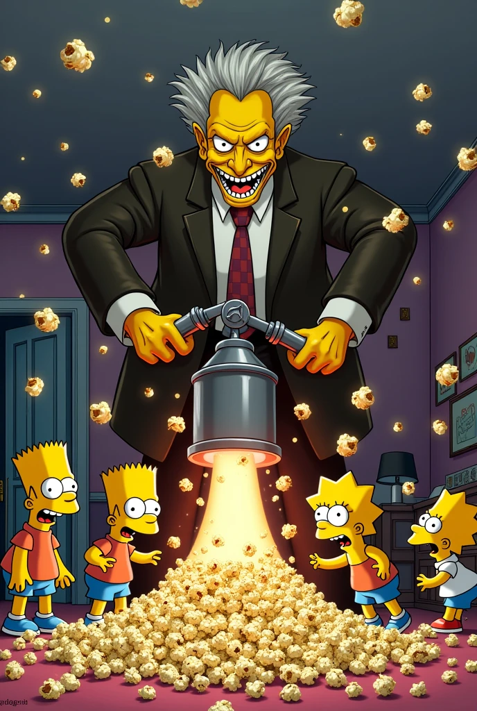 Evil god mr Burns popcorn on Simpson with flying popcorns machinegun shot into Mouthe of all familly Simpson