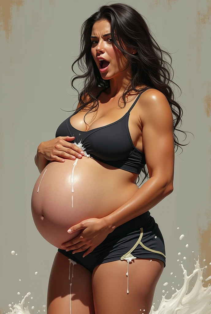 Woman with a massive belly wearing tight workout shorts and sports bra squatting while her water breaks and has a erotic moaning facial expression and holding her vagina with one hand and the other hand on her breast squeezing out milk.