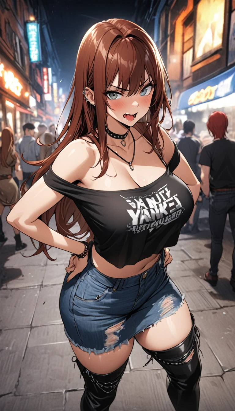 Ultra-high definition image quality、beautiful girl、Yankee girl、Reddish brown hair、Messy long hair、Gal、bustling street、Off-the-shoulder T-shirt、Distressed denim、Tight low rise denim、Highest quality, Big Ass、Thighs、Big Boobs、High cut boots、Glare、Place hands on hips、intimidating face、Hold a cigarette in your mouth、Smoke from cigarettes、Punk Fashion、Yankee sitting