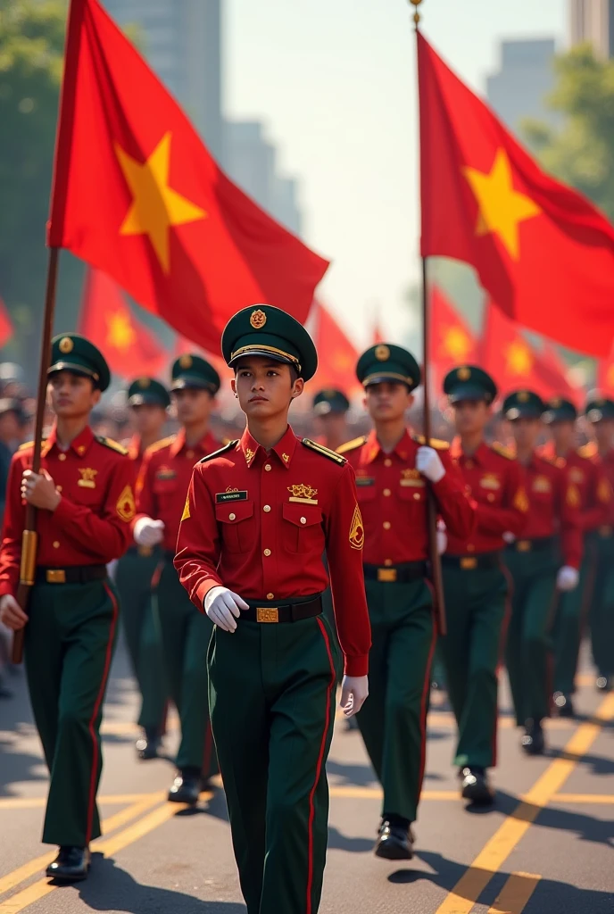A group of Vietnamese soldiers wearing red shirts with yellow stars and holding national flags are parading on the street.