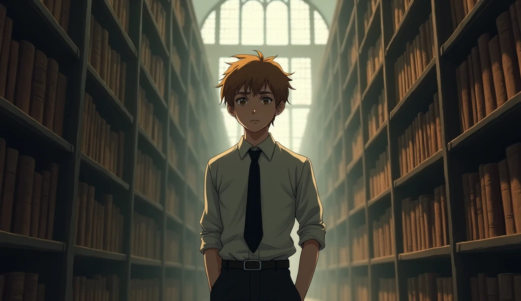 The teenager boy with a bright mop of unruly, sandy brown hair, He is wearing a crisp, school uniform with a white shirt and a black tie. stands in the empty library, his face illuminated by the overhead lights. The bookshelves are filled with dusty volumes, and the air is heavy with silence.