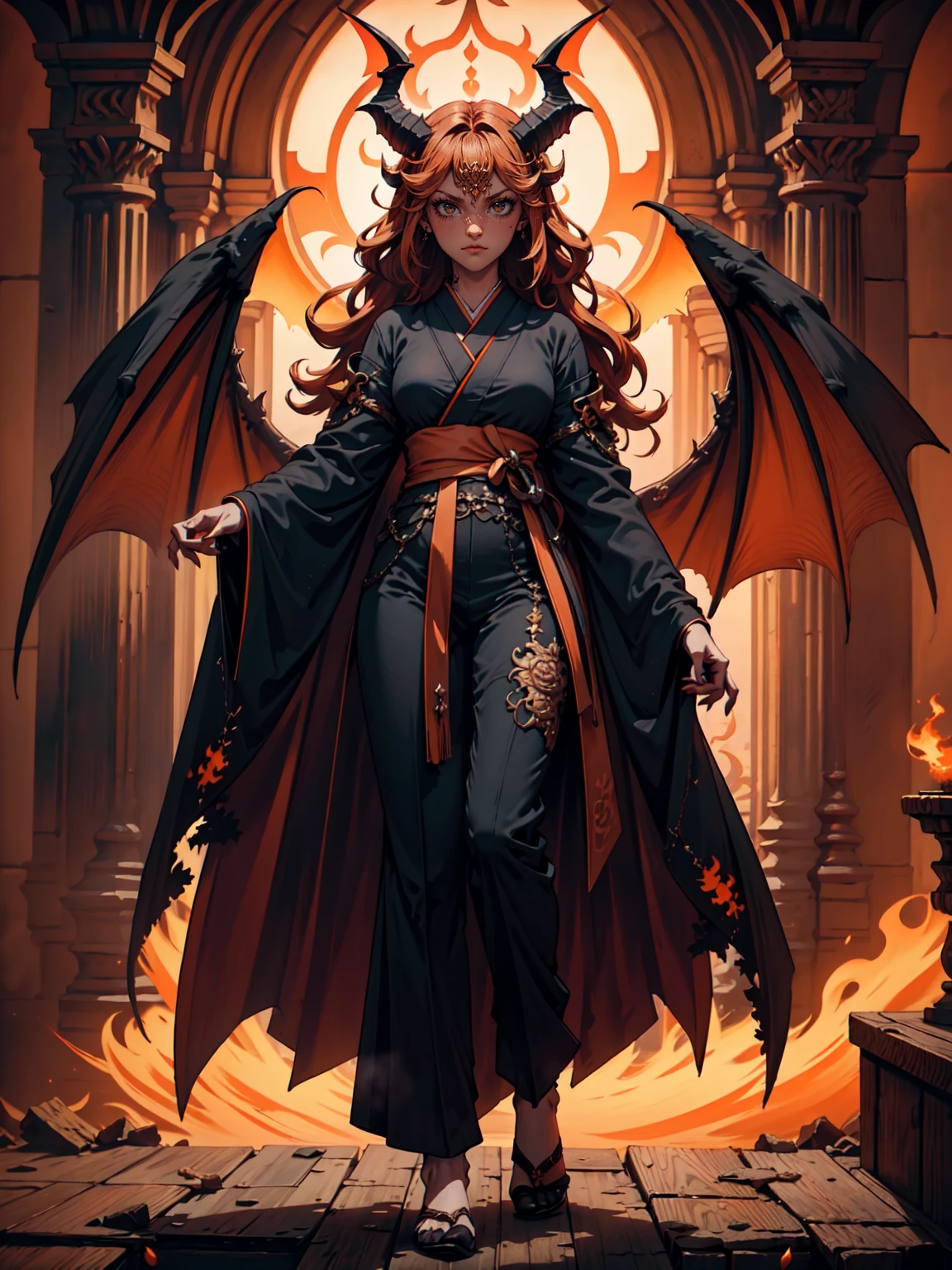 最high quality、Ultra High Definition, Ultra High Quality, Hyper Detailed, Extremely Detailed, Best image quality、masterpiece, 8k, Demon Young Mistress, Scary, Long Orange Curly Hair, ((  Big Angel Dark Wings)), ((White-Orange Horns)), (Solid Orange Demon Eyes), Evil Smile, Dressed With Black Kimono, Pants, Town Fire Background