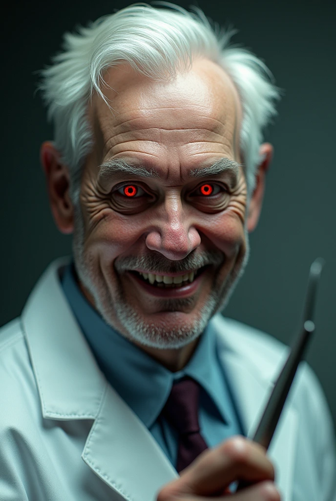 Man with white hair and red eyes, with a slight psychopathic smile, doctor with scalpel. cheered up. cheered up.