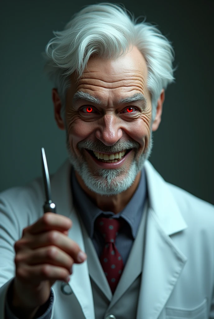 Man with white hair and red eyes, with a slight psychopathic smile, doctor with scalpel. cheered up. cheered up.