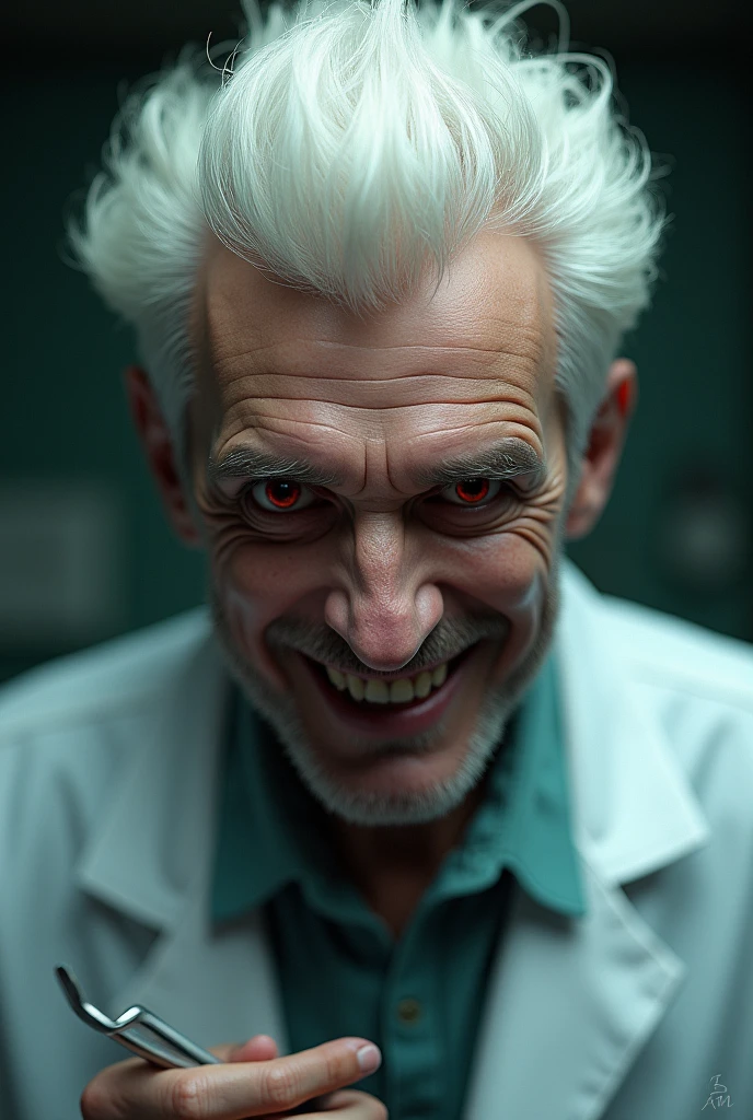 Man with white hair and red eyes, with a slight psychopathic smile, doctor with scalpel. cheered up. cheered up.