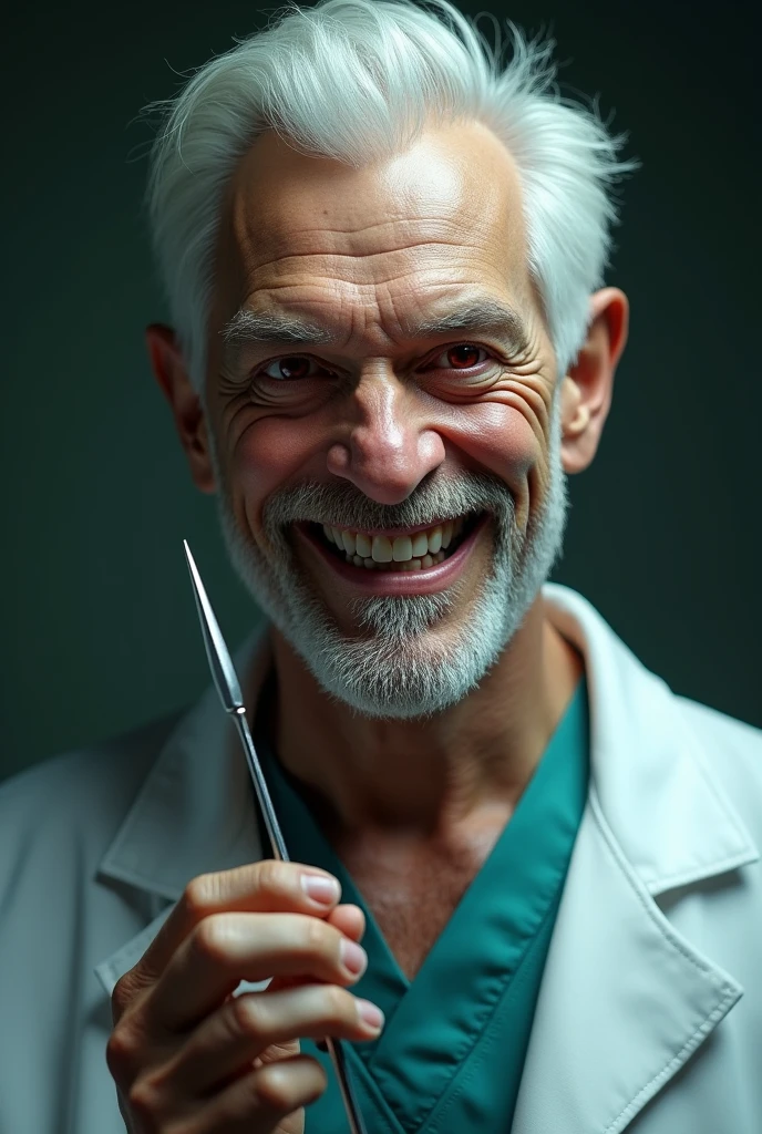 Man with white hair and red eyes, with a slight psychopathic smile, doctor with scalpel. cheered up. cheered up.